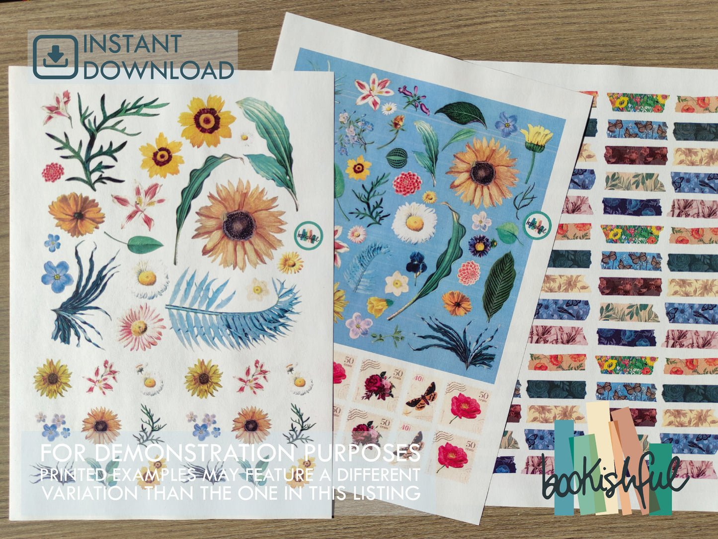 Printable Washi Tapes & Post-Its – 4 Page Floral Sticker Set for Journals | Digital PDF Download