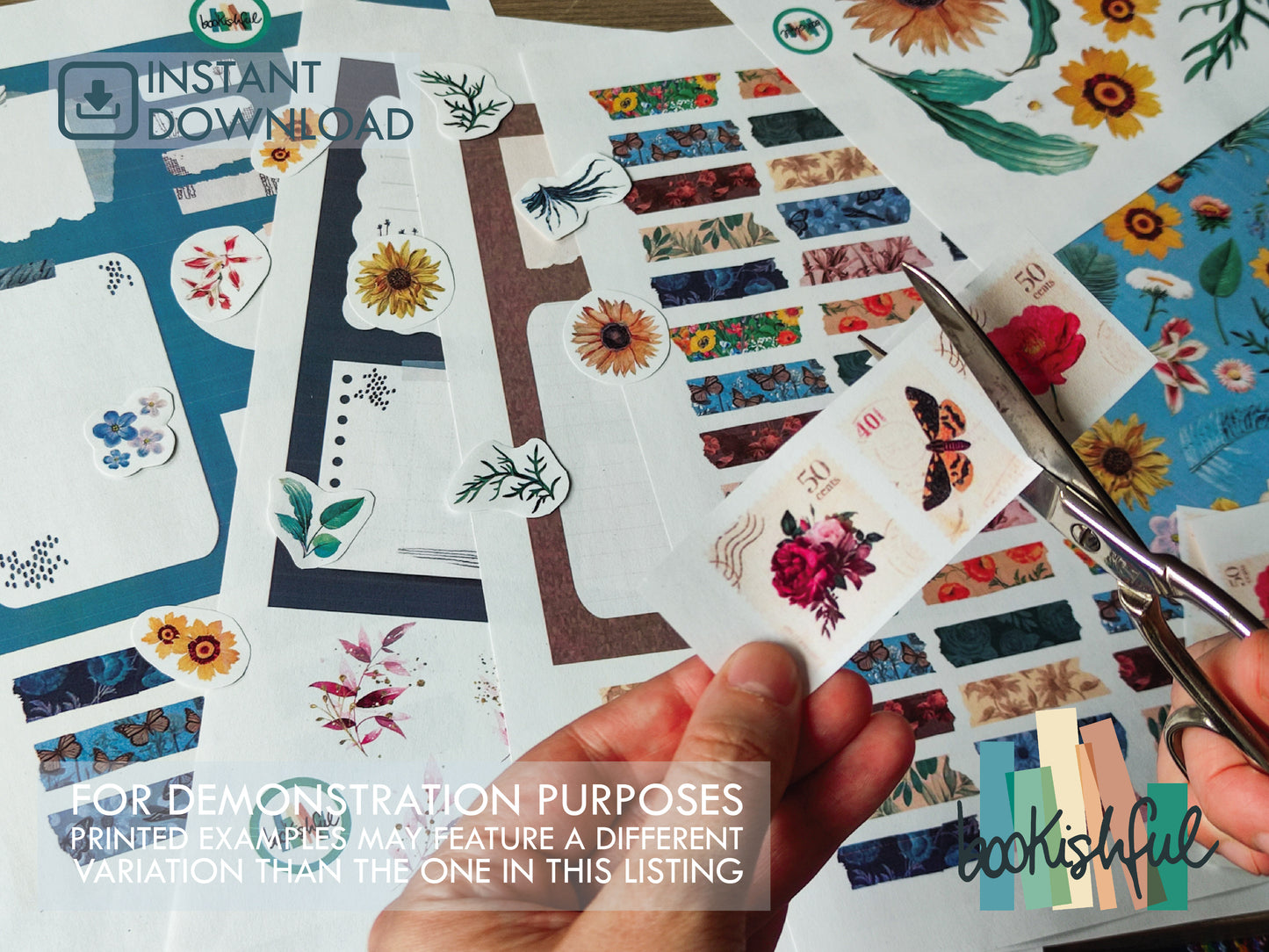 Printable Washi Tapes & Post-Its – 4 Page Floral Sticker Set for Journals | Digital PDF Download