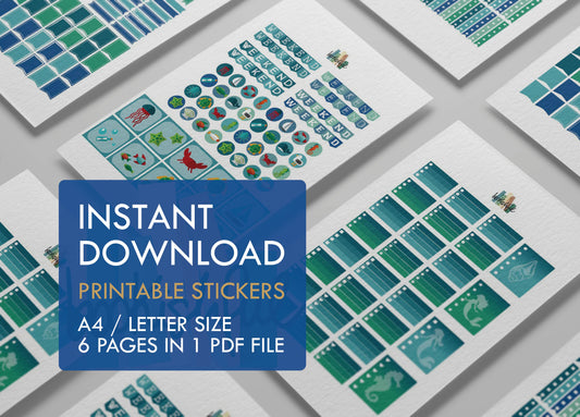 Printable Planner Sticker Kit – 300+ Mermaids Ocean Vacation Stickers for Journaling, Planners & Scrapbooking – 6 page PDF Instant Download