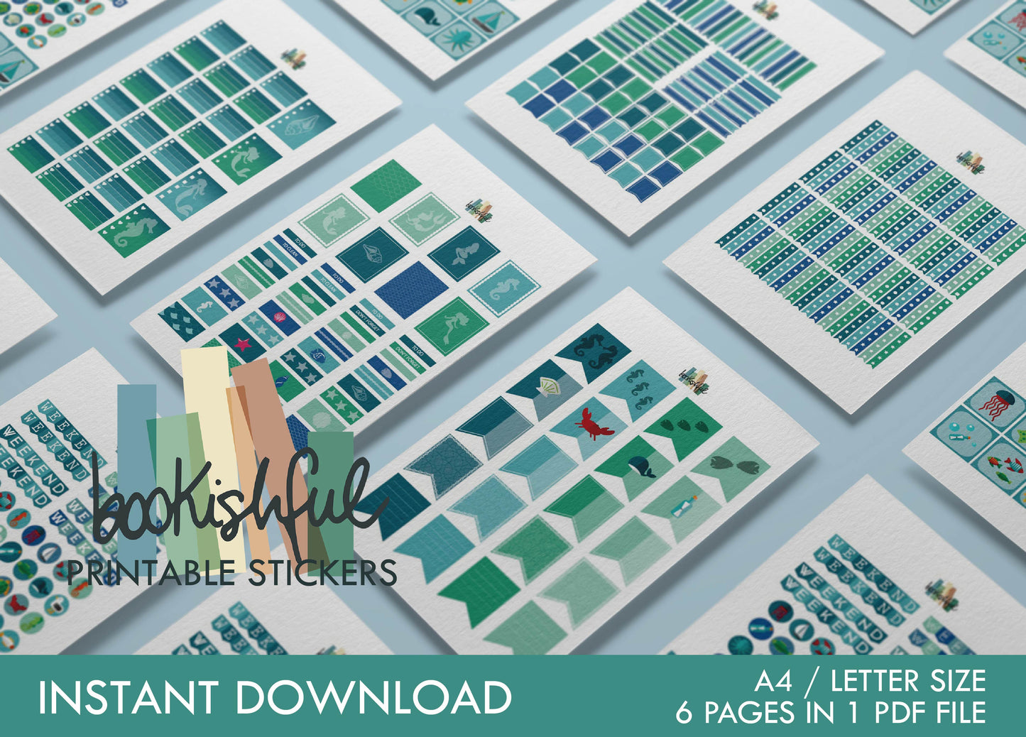 Printable Planner Sticker Kit – 300+ Mermaids Ocean Vacation Stickers for Journaling, Planners & Scrapbooking – 6 page PDF Instant Download