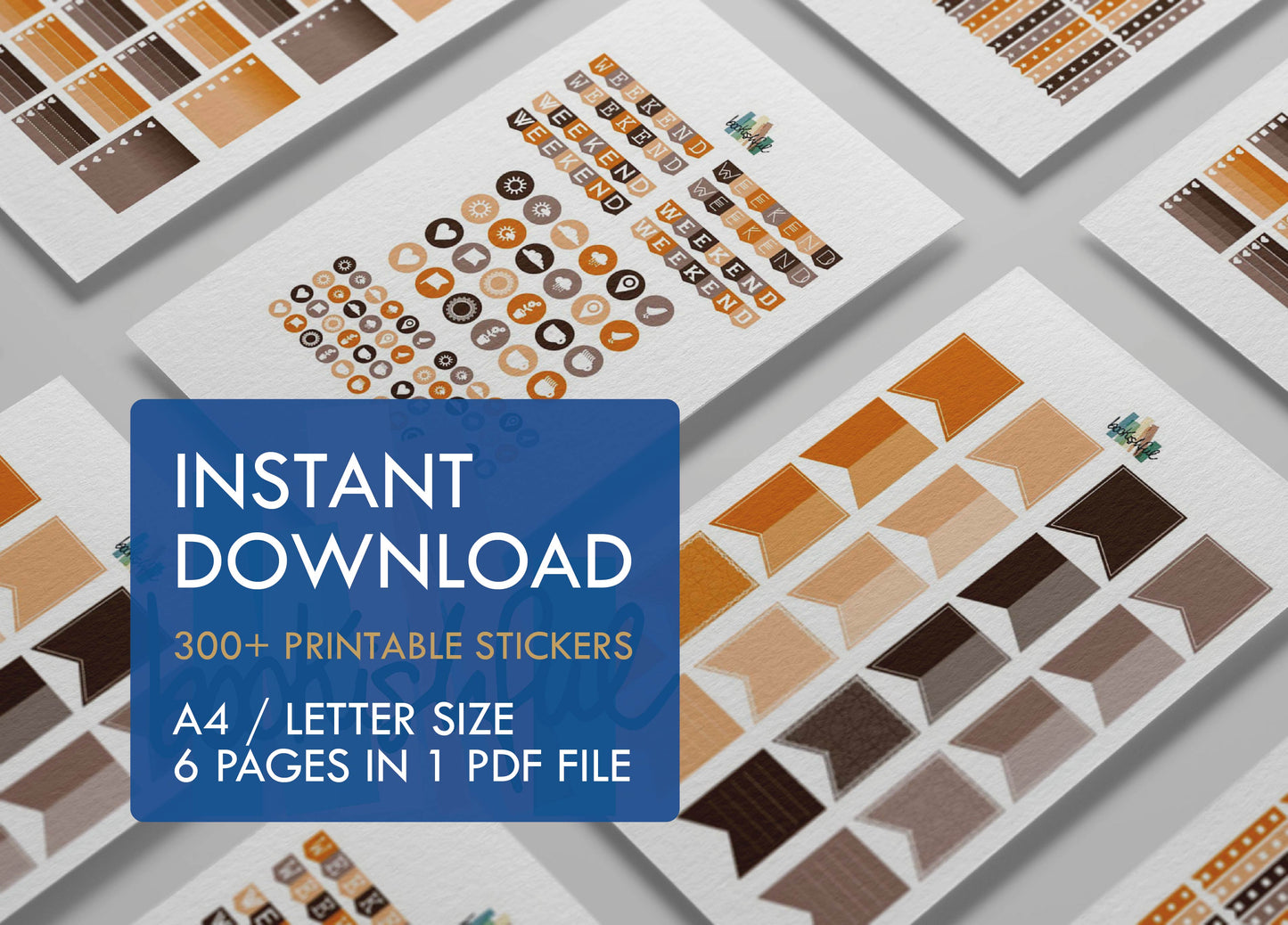 Printable Planner Sticker Kit – 300+ Orange and Brown Stickers for Journaling, Planners & Scrapbooking – 6 Pages PDF Instant Download