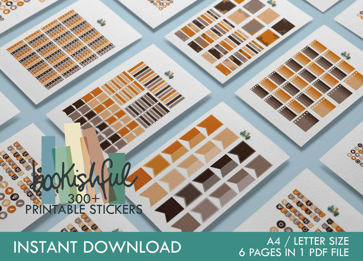 Printable Planner Sticker Kit – 300+ Orange and Brown Stickers for Journaling, Planners & Scrapbooking – 6 Pages PDF Instant Download