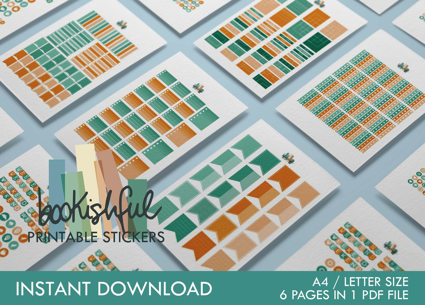 Printable Planner Sticker Kit – 300+ Orange and Teal Stickers for Journaling, Planners & Scrapbooking – 6 Pages PDF Instant Download