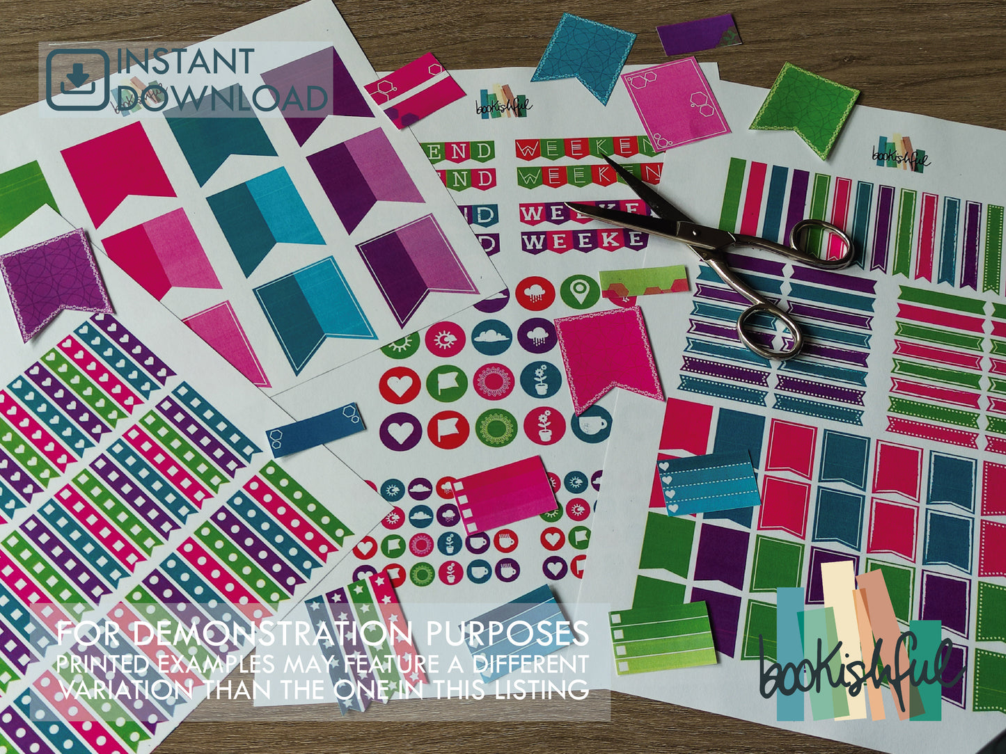 Printable Planner Sticker Kit – 300+ Bright Colors Stickers for Journaling, Planners & Scrapbooking – 6 Pages PDF Instant Download