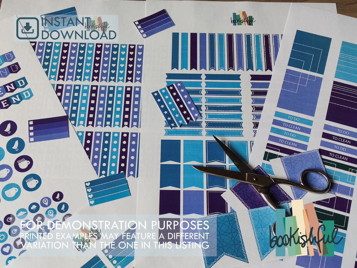 Printable Planner Sticker Kit – 300+ Green and Blue Stickers for Journaling, Planners & Scrapbooking – 6 Pages PDF Instant Download