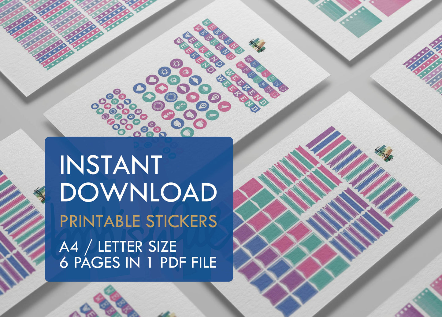 Printable Planner Sticker Kit – 300+ Pastel Colors Stickers for Journaling, Planners & Scrapbooking – 6 Pages PDF Instant Download