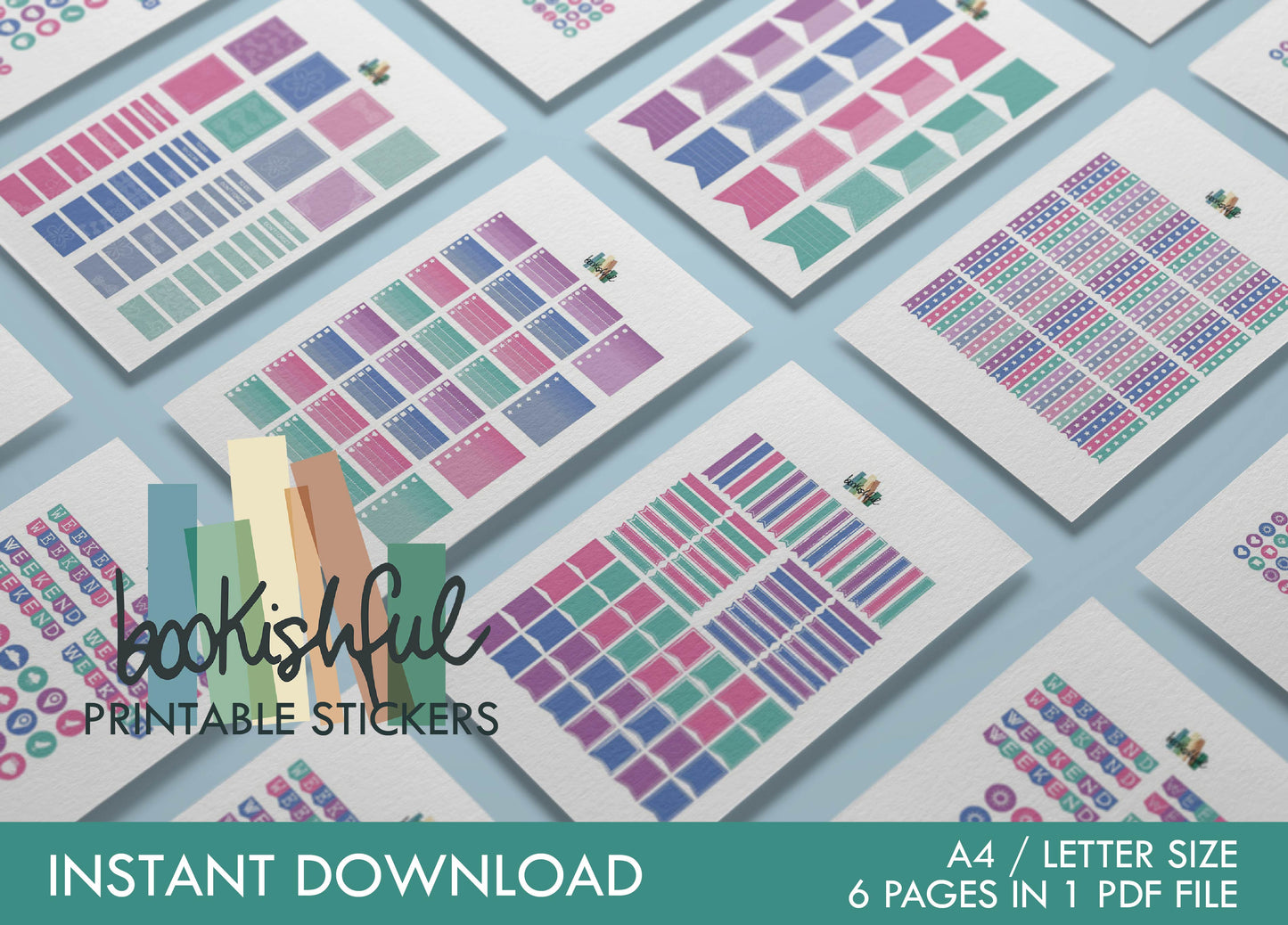 Printable Planner Sticker Kit – 300+ Pastel Colors Stickers for Journaling, Planners & Scrapbooking – 6 Pages PDF Instant Download