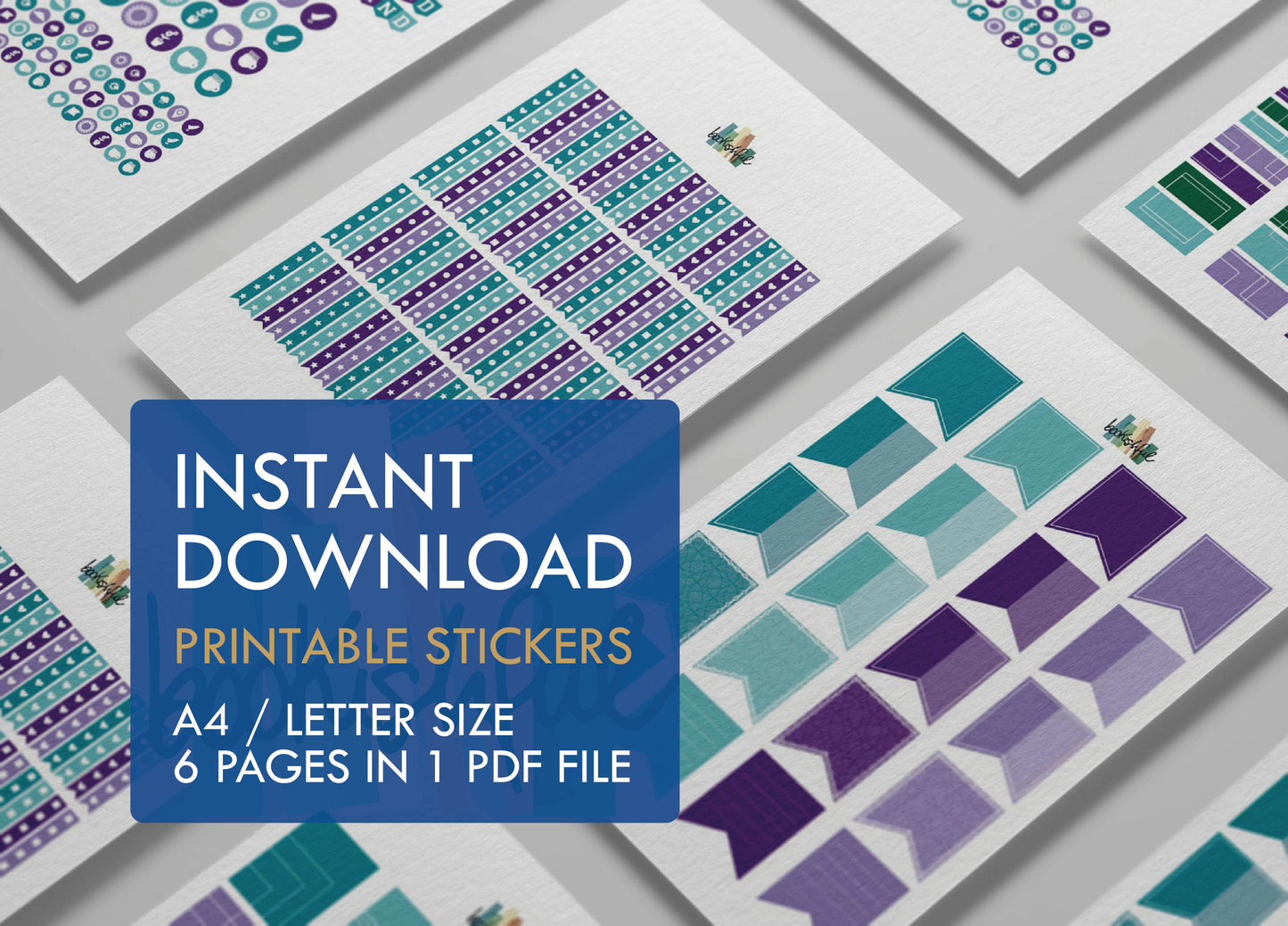 Printable Planner Sticker Kit – 300+ Purple and Teal Stickers for Journaling, Planners & Scrapbooking – 6 Pages PDF Instant Download