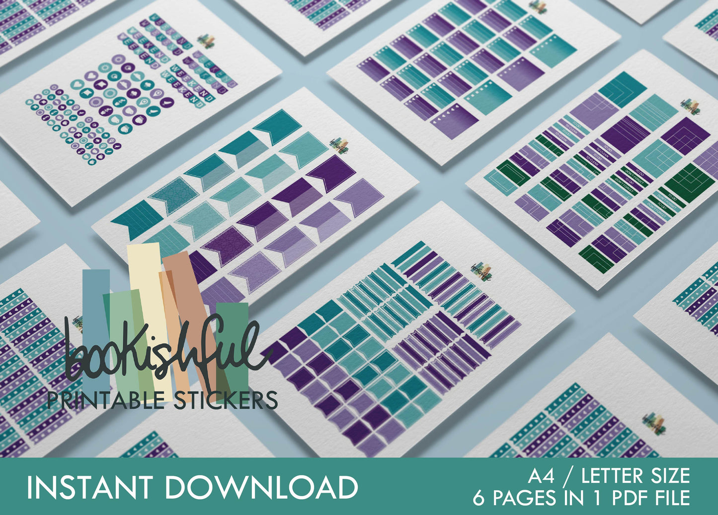 Printable Planner Sticker Kit – 300+ Purple and Teal Stickers for Journaling, Planners & Scrapbooking – 6 Pages PDF Instant Download