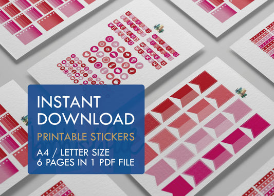 Printable Planner Sticker Kit – 300+ Red and Pink Stickers for Journaling, Planners & Scrapbooking – 6 Pages PDF Instant Download
