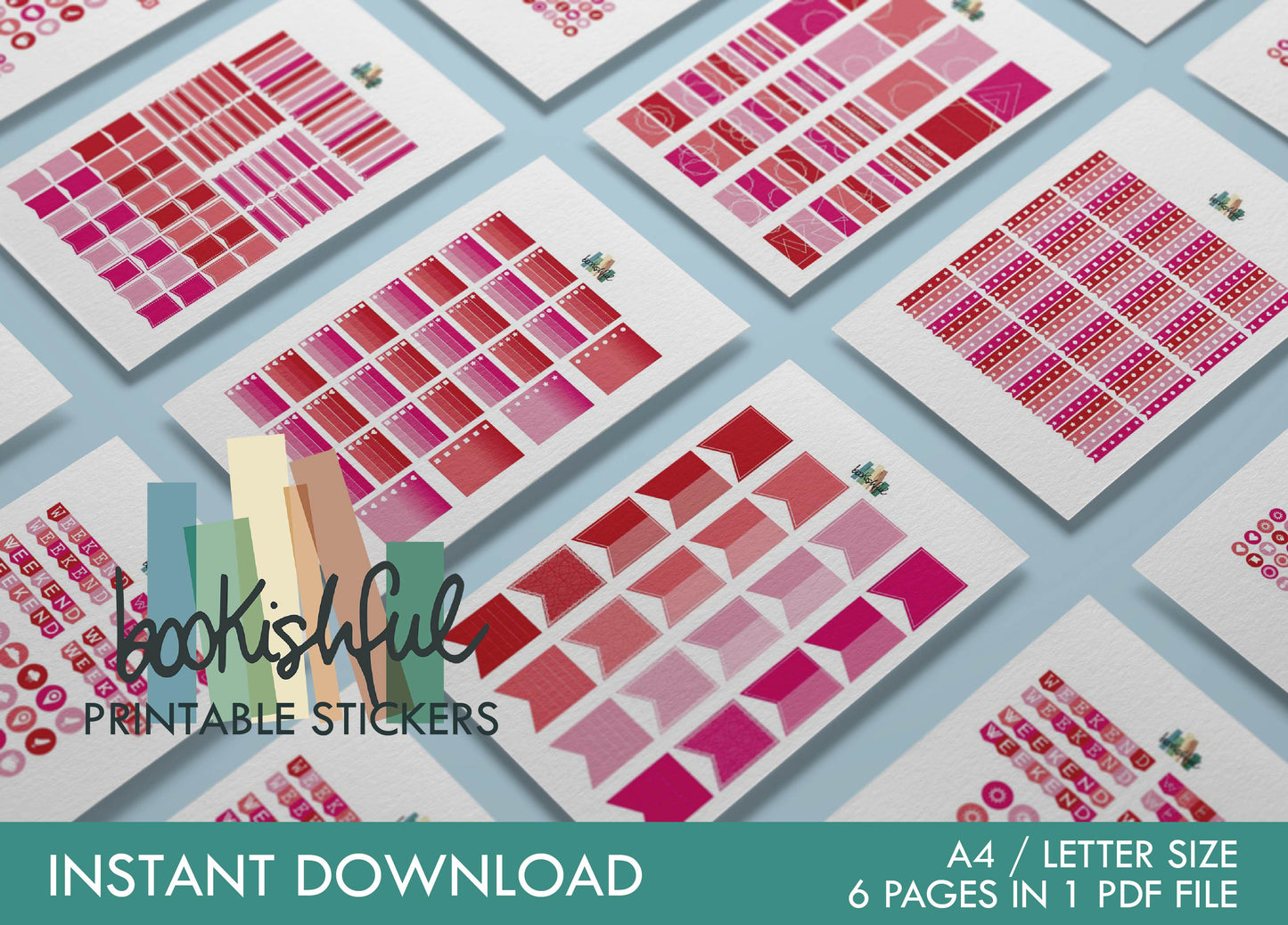 Printable Planner Sticker Kit – 300+ Red and Pink Stickers for Journaling, Planners & Scrapbooking – 6 Pages PDF Instant Download
