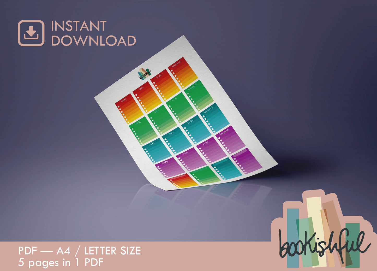 Student Planner Printable Stickers Kit – Colorful School Stickers – Checklists, Labels, ToDo Lists, and more! – 5 Pages PDF Instant Download