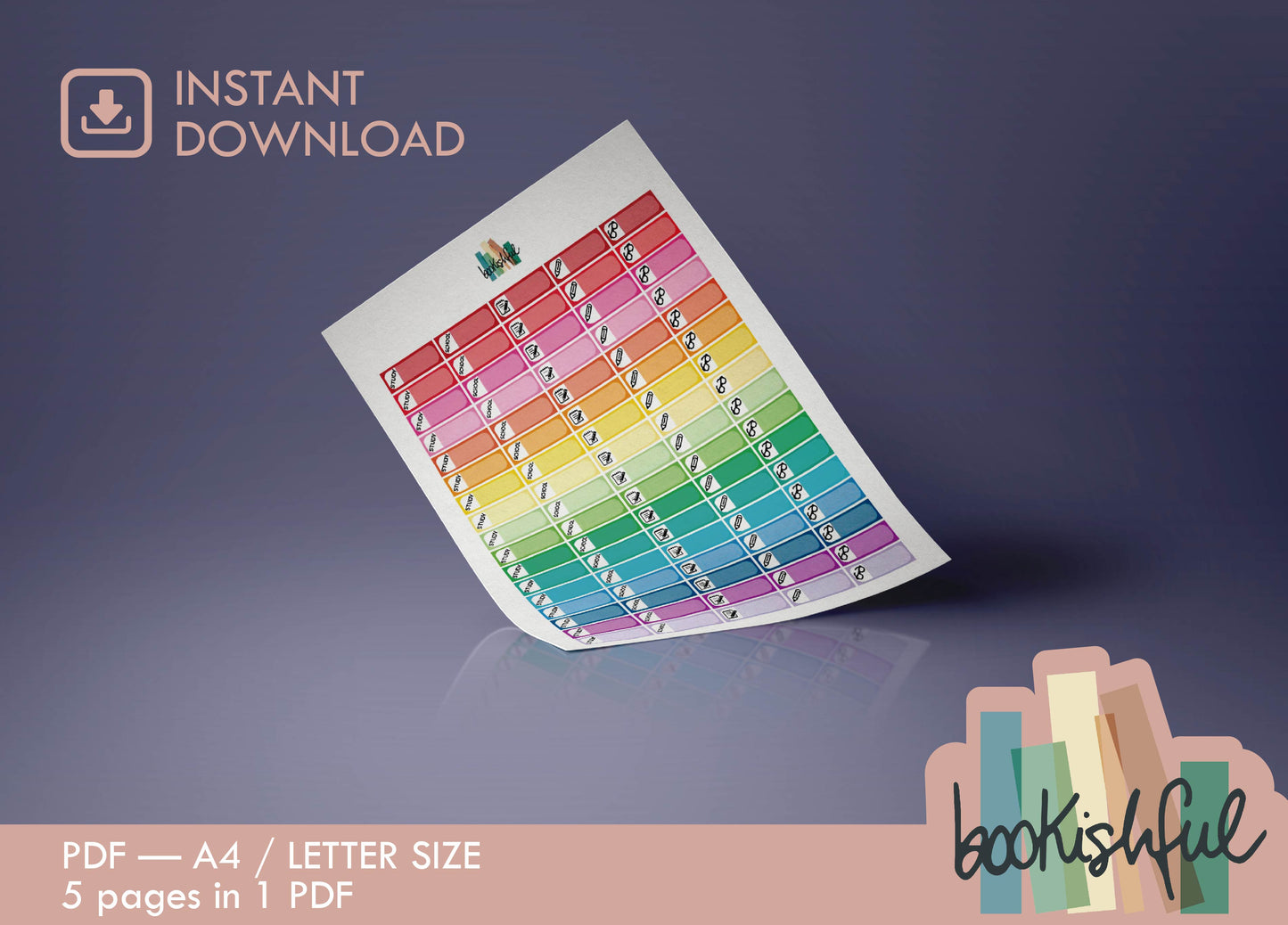 Student Planner Printable Stickers Kit – Colorful School Stickers – Checklists, Labels, ToDo Lists, and more! – 5 Pages PDF Instant Download