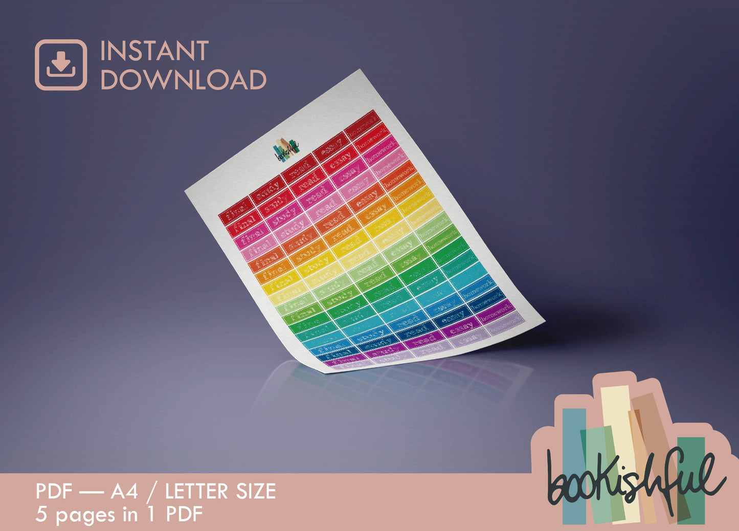 Student Planner Printable Stickers Kit – Colorful School Stickers – Checklists, Labels, ToDo Lists, and more! – 5 Pages PDF Instant Download