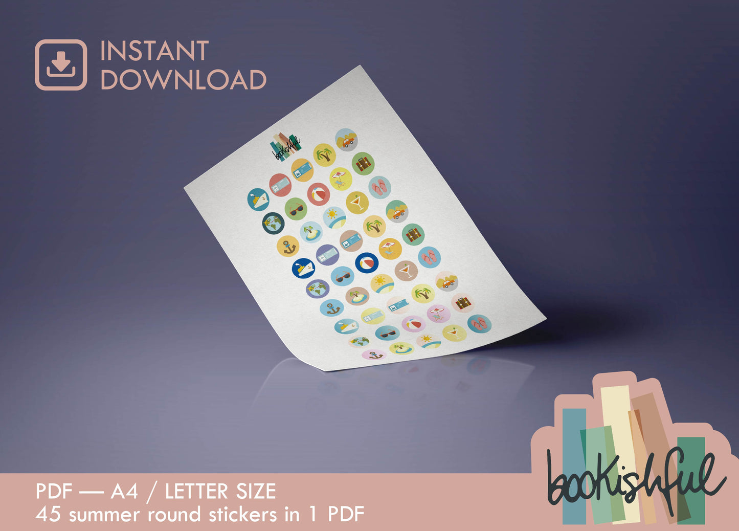 Summer Vacation Printable Stickers – 45 Round Travel & Beach Icons PDF | Journal and Planner Stickers – PDF Instant Download