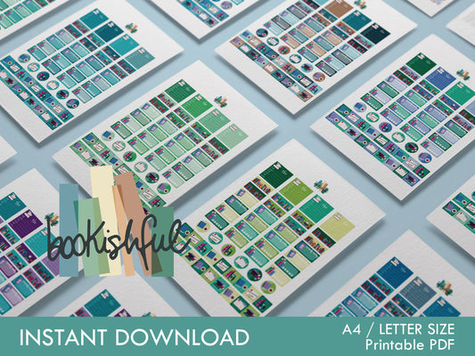 Reader Sticker Sheet GREEN & BLUE Bundle – 9 Pages for Journals & Planners - TBR, Reading Log, Star Ratings, Notes – Instant Download PDF