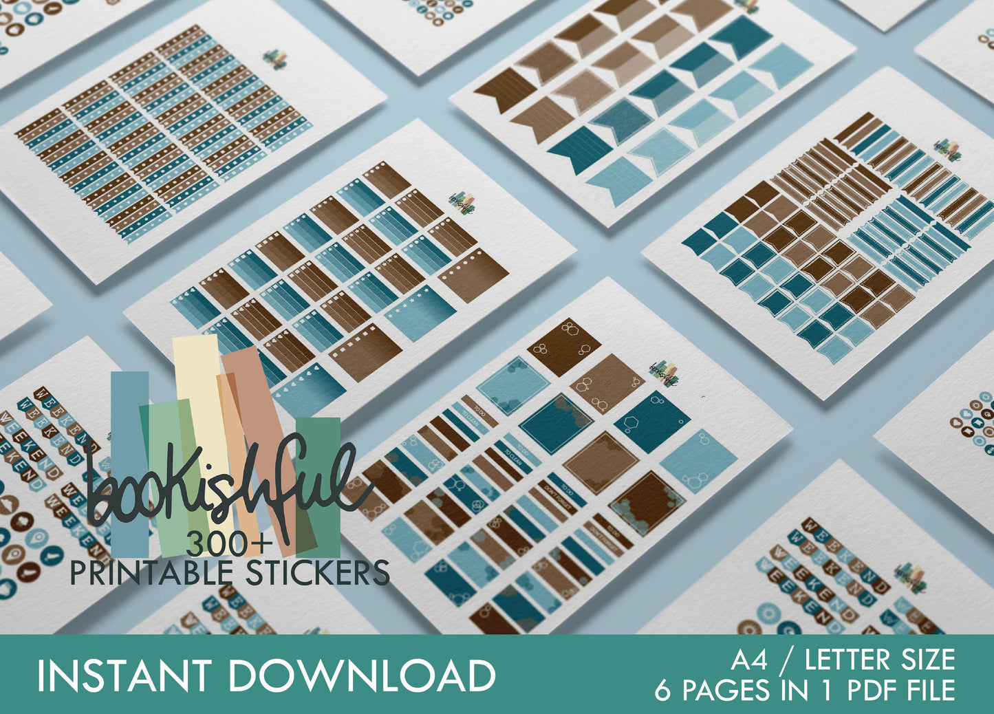 Printable Planner Sticker Kit – 300+ Teal and Brown Stickers for Journaling, Planners & Scrapbooking – 6 Pages PDF Instant Download