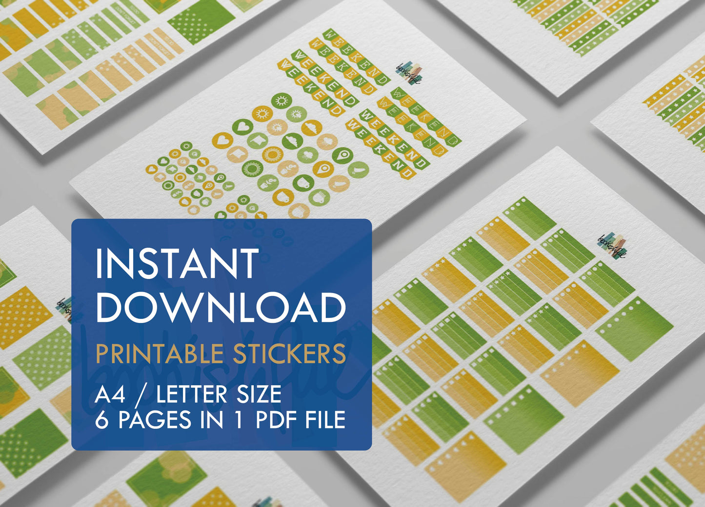 Printable Planner Sticker Kit – 300+ Yellow and Green Stickers for Journaling, Planners & Scrapbooking – 6 Pages PDF Instant Download