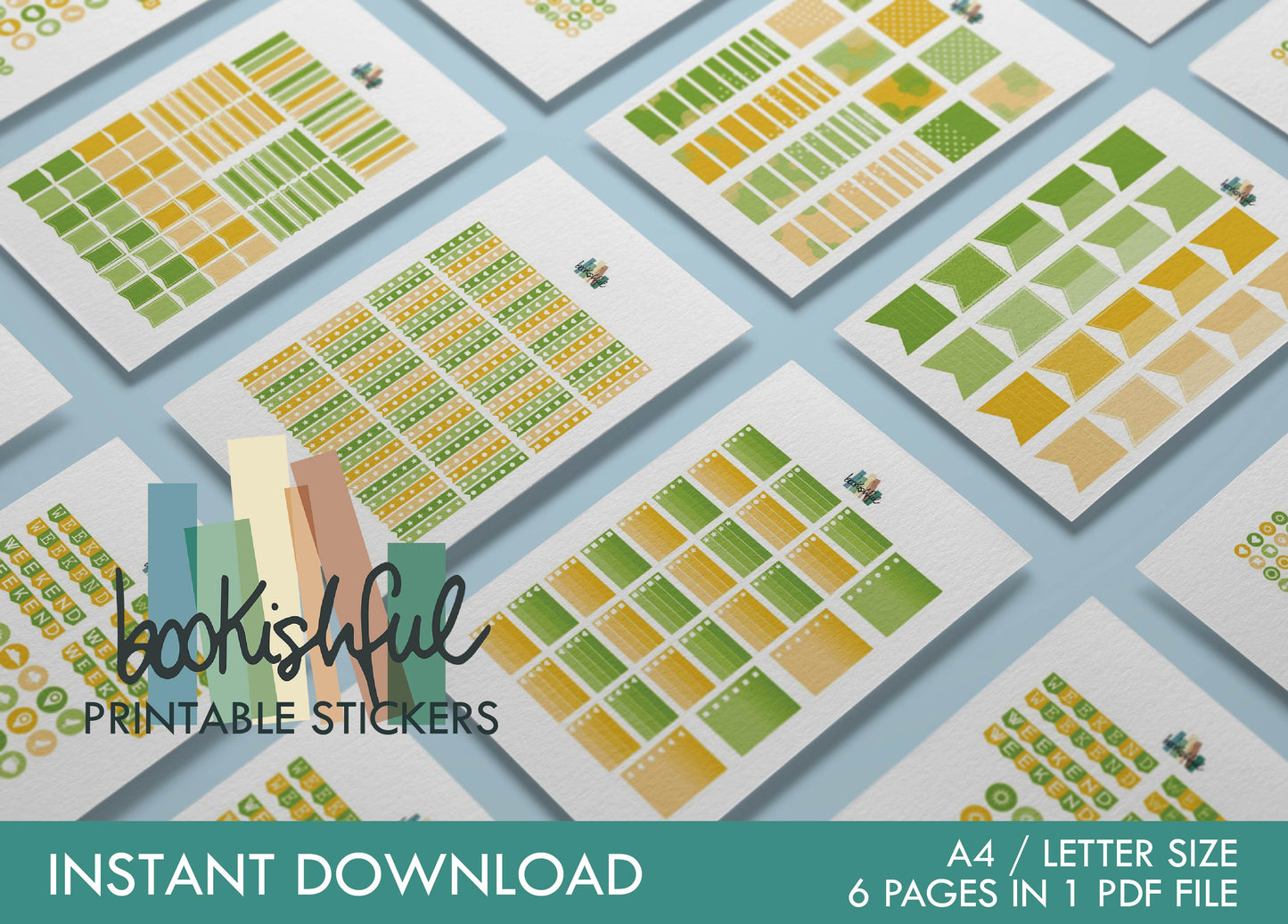 Printable Planner Sticker Kit – 300+ Yellow and Green Stickers for Journaling, Planners & Scrapbooking – 6 Pages PDF Instant Download