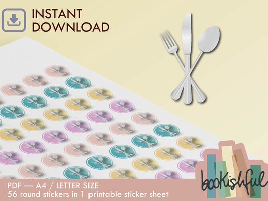 Printable Icon Stickers – Silverware / Cooking / Meal Plan – Pastel Round Planner Stickers PDF – 56 Dots per Sheet – Instant Download PDF