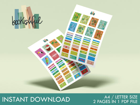 Tropical Printable Stickers – 2 Pages with 16 Large Summer Stickers & 72 Washi Strips – Trees, Birds, Florals, Labels – PDF Instant Download
