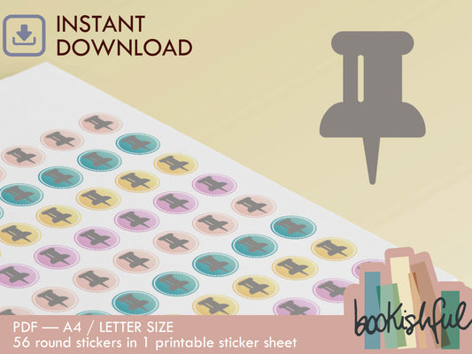 Printable Icon Stickers – Pin / Desk / Reminder – Pastel Round Planner Stickers PDF – 56 Dots per Sheet – Instant Download PDF