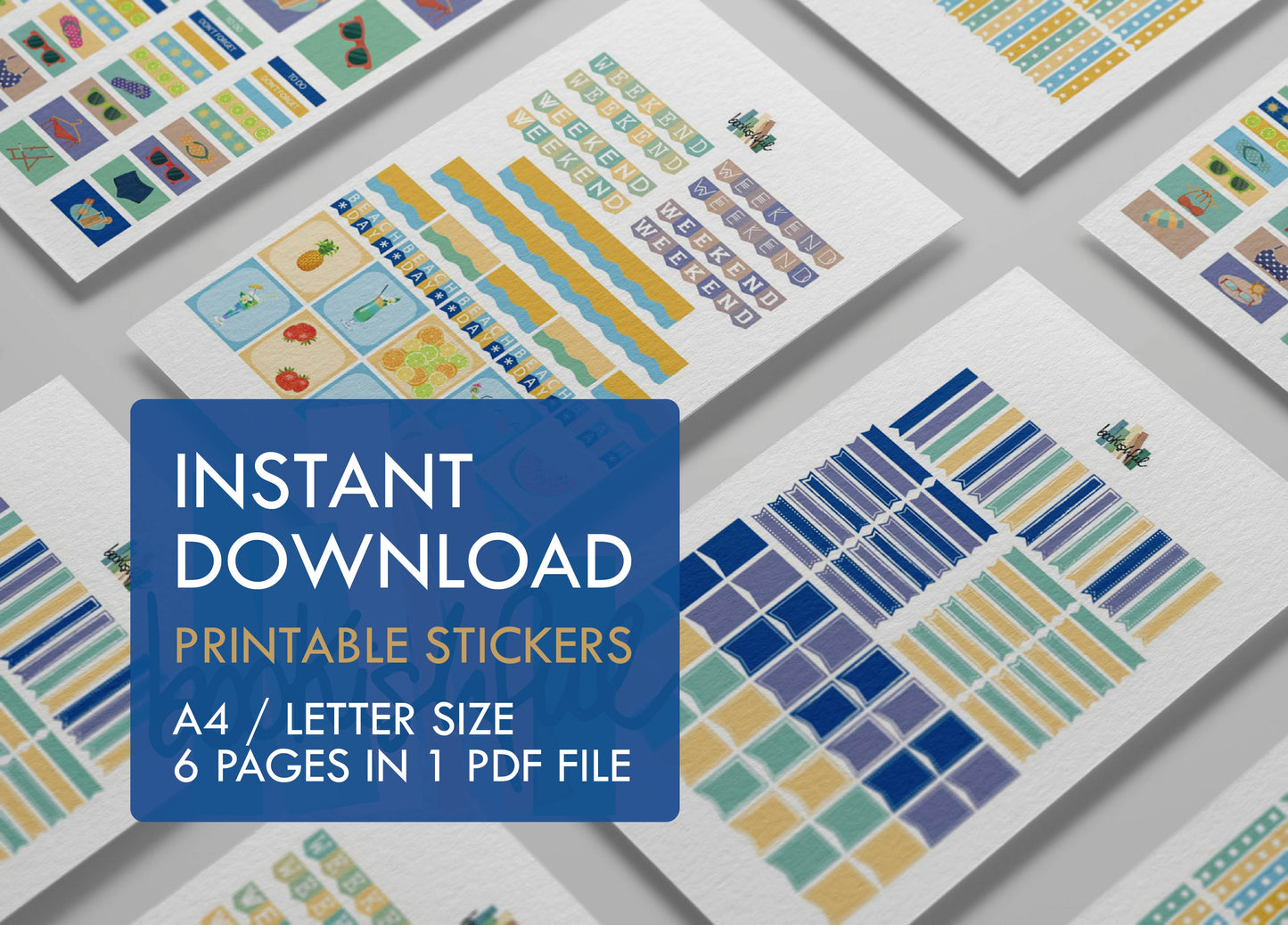 Printable Planner Sticker Kit – 300+ Summer Beach Vacation Stickers for Journaling, Planners & Scrapbooking – 6 Pages PDF Instant Download