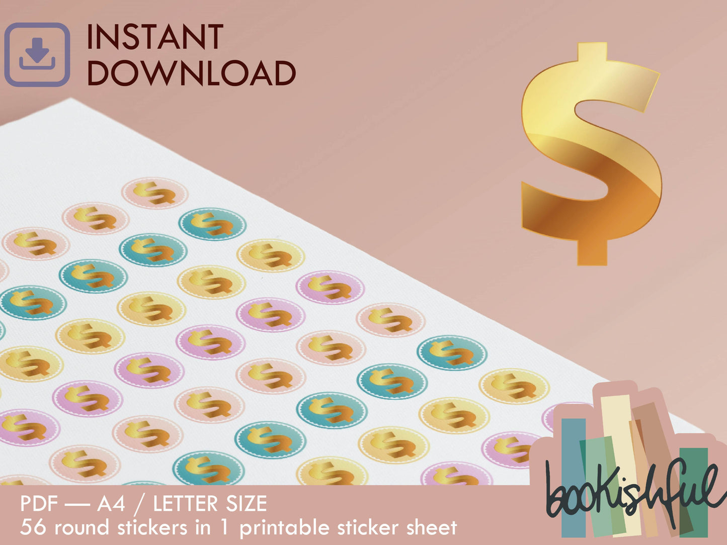 Printable Icon Stickers – Money / Dollar / Finances / Saving – Pastel Round Planner Stickers PDF – 56 Dots per Sheet – Instant Download PDF