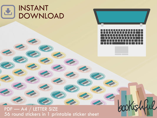 Printable Icon Stickers – Laptop / Work / Study / Productivity Pastel Round Planner Stickers PDF – 56 Dots per Sheet – Instant Download PDF