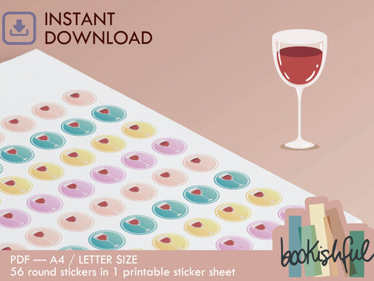 Printable Icon Stickers – Wine Glass / Dinner / Celebration – Pastel Round Planner Stickers PDF – 56 Dots per Sheet – Instant Download PDF