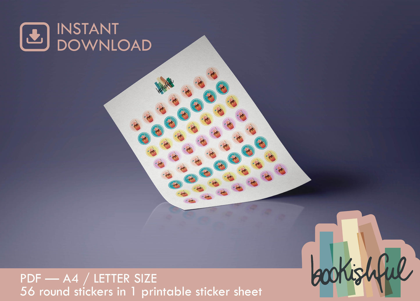 Printable Icon Stickers – Cupcake / Party / Celebration – Pastel Round Planner Stickers PDF – 56 Dots per Sheet – Instant Download PDF