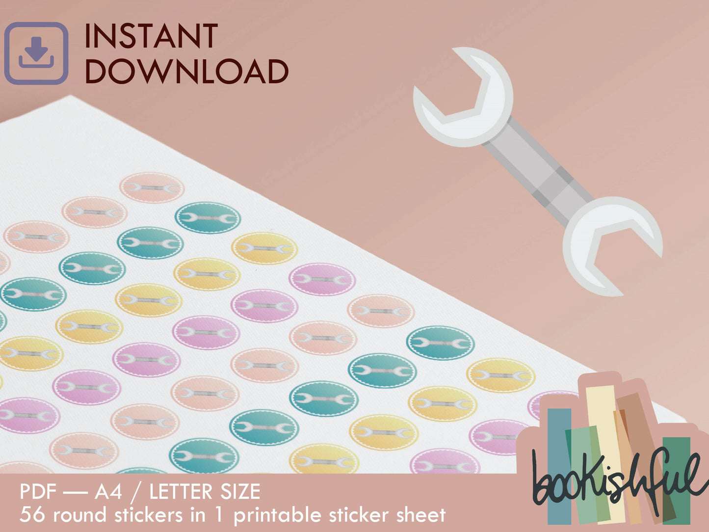 Printable Icon Stickers – Wrench Tool / House Work / Projects – Pastel Round Planner Stickers PDF – 56 Dots per Sheet – Instant Download PDF