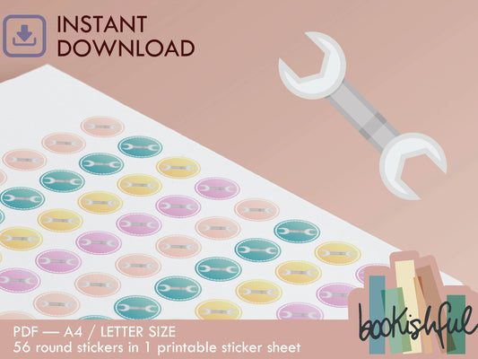 Printable Icon Stickers – Wrench Tool / House Work / Projects – Pastel Round Planner Stickers PDF – 56 Dots per Sheet – Instant Download PDF