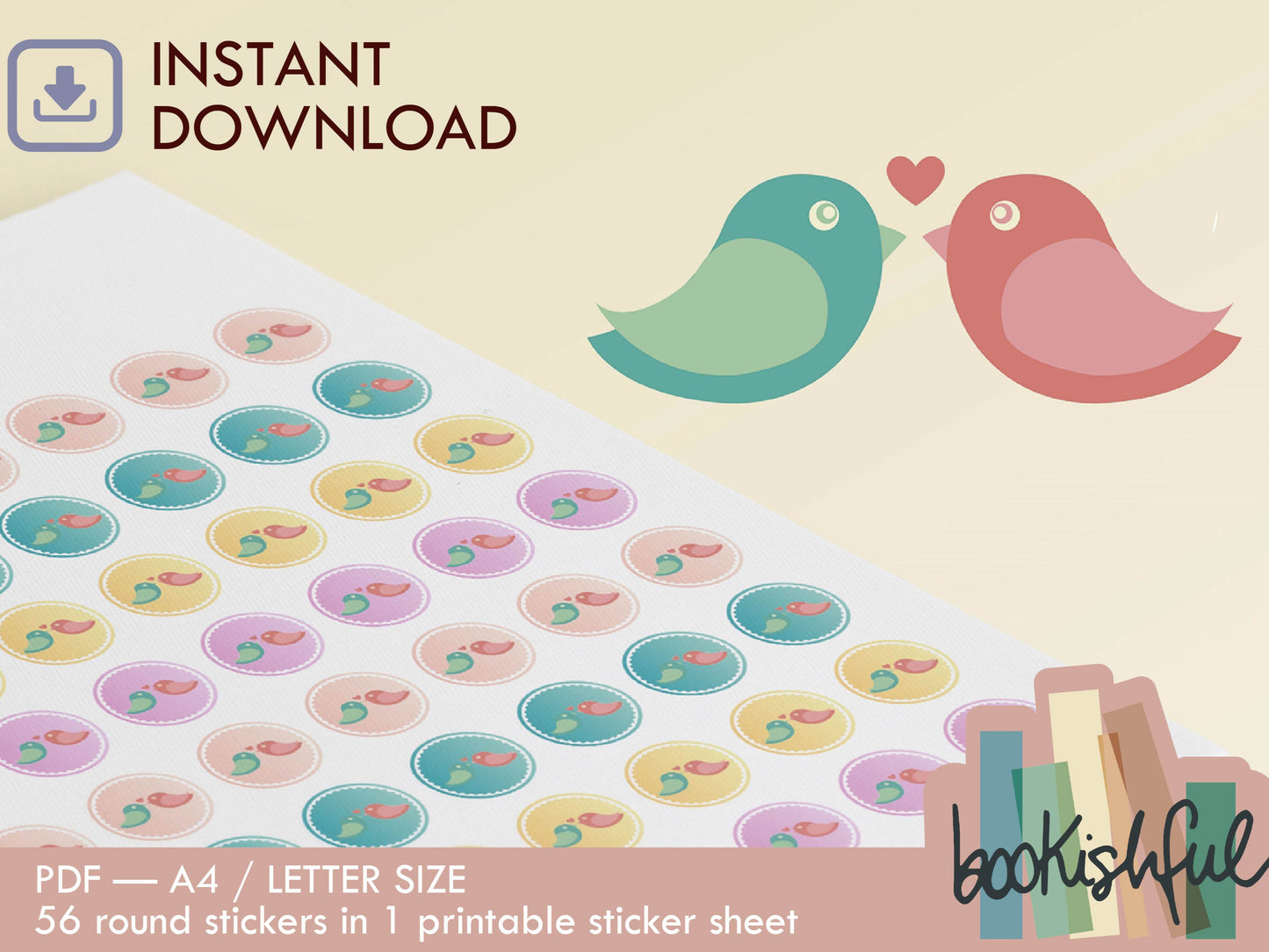 Printable Icon Stickers – Love Birds – Pastel Round Planner Stickers PDF – 56 Dots per Sheet – Instant Download PDF
