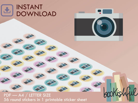 Printable Icon Stickers – CAMERA – Pastel Round Planner Stickers PDF – 56 Dots per Sheet – Instant Download PDF