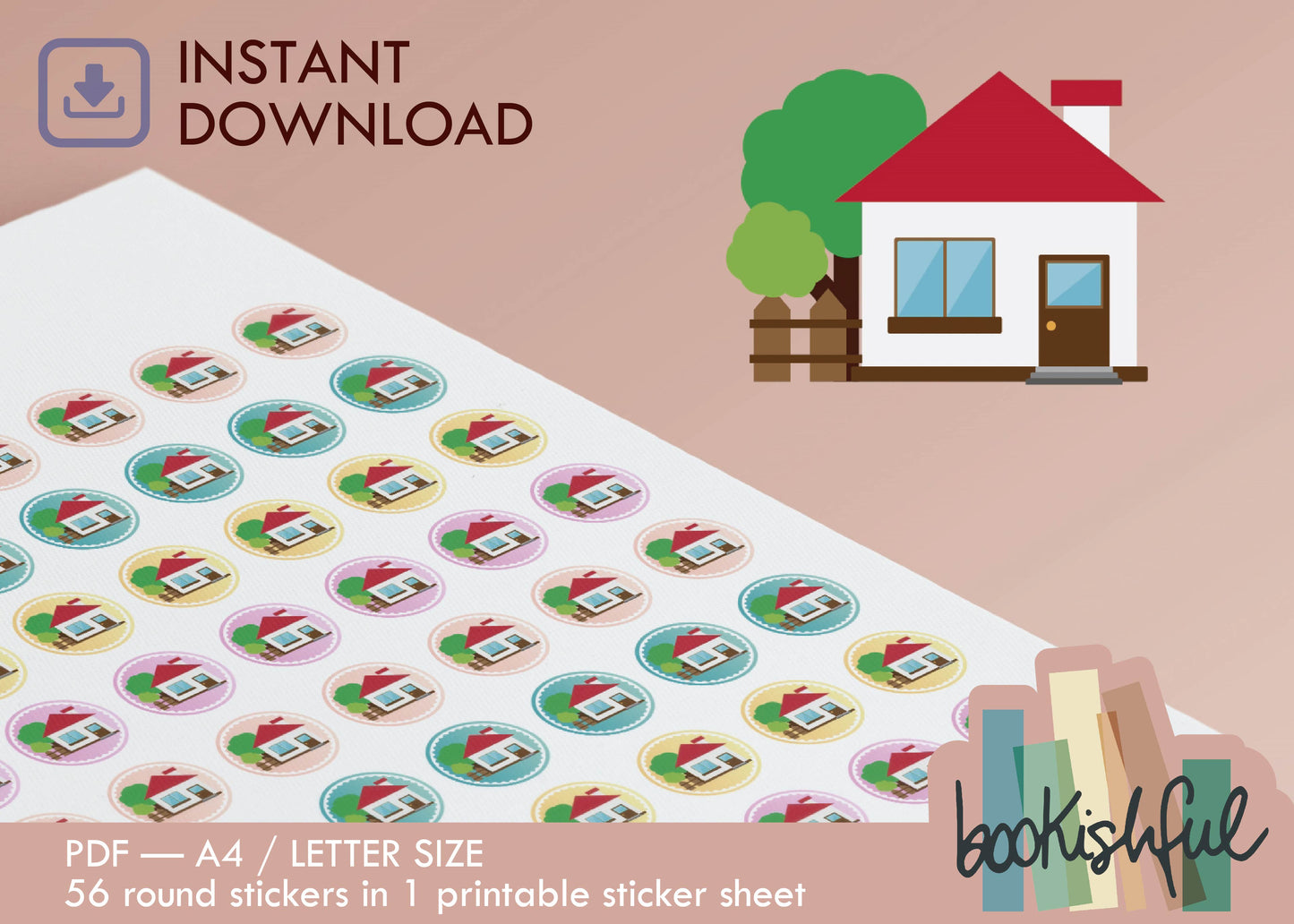 Printable Icon Sticker Bundle – 'Home Sweet Home' – Pastel Round Stickers PDF – 5 Pages – Planner & Journal Dots – Instant Download PDF