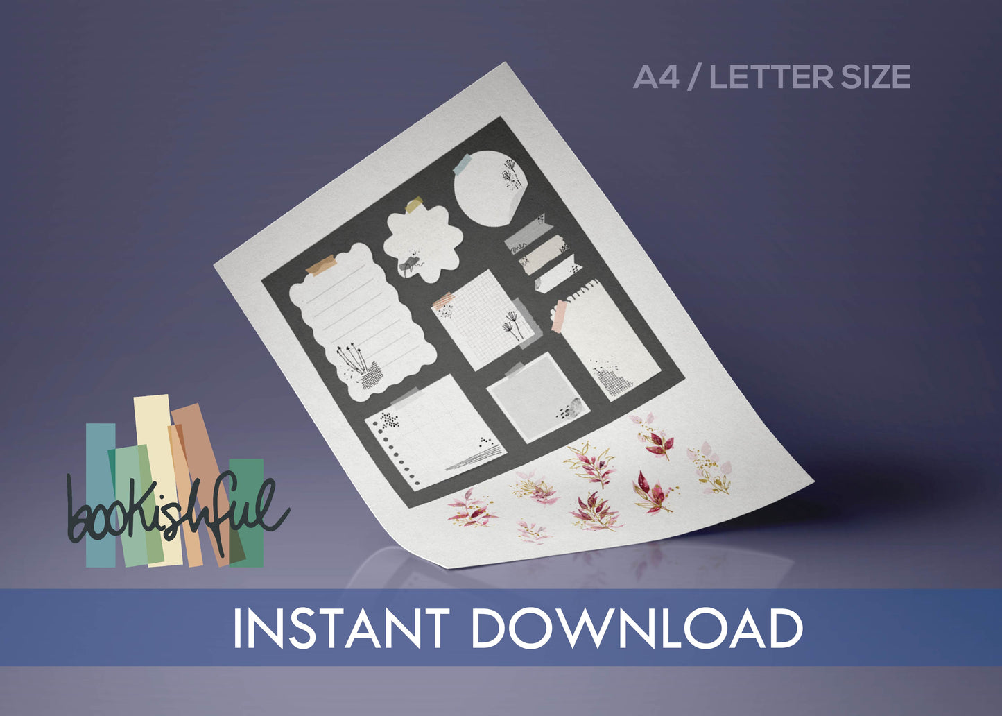 Printable Washi Tapes & Post-Its – 4 Page Floral Sticker Set for Journals | Digital PDF Download