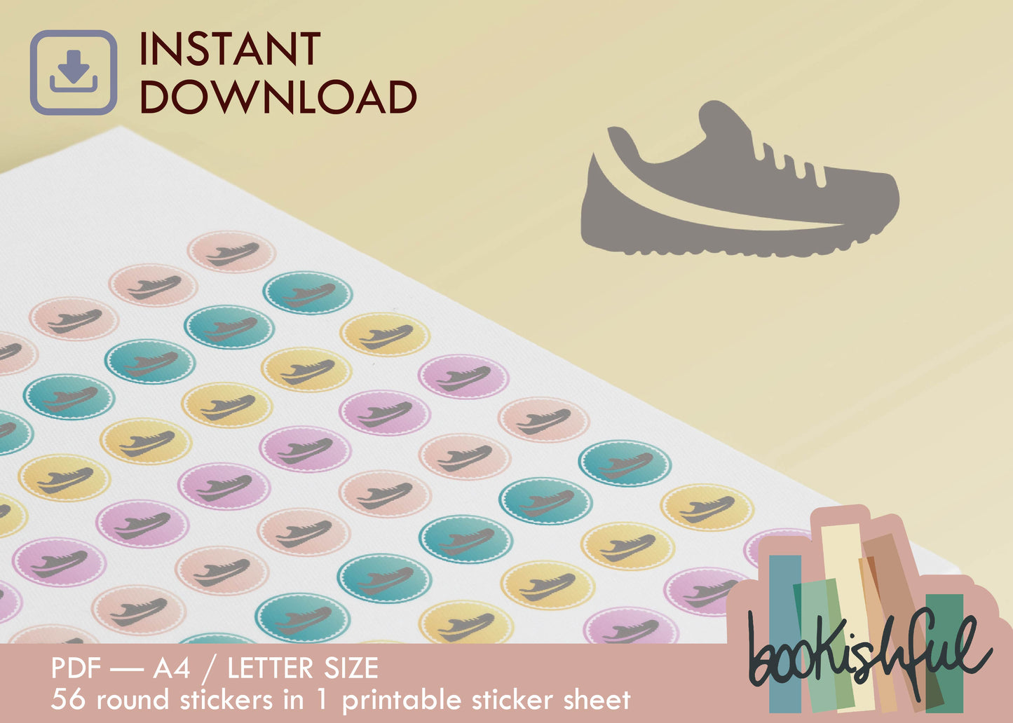 Printable Icon Sticker Bundle – 'Rise and Move' – Pastel Round Stickers PDF – 5 Pages – Planner & Journal Dots – Instant Download PDF