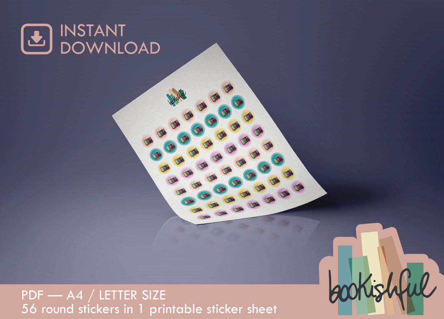 Printable Icon Stickers – TV / Television / Home Cinema – Pastel Round Planner Stickers PDF – 56 Dots per Sheet – Instant Download PDF