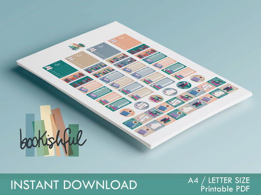 The Reader Sticker Sheet – Night Beach / Green, Grey, Sand – Printable Bookish Stickers for Journaling & Planners – TBR, Ratings and More! Instant Download PDF