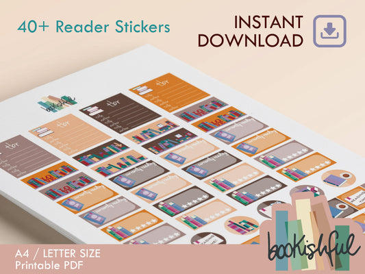 The Reader Sticker Sheet – Orange and Brown – Printable Bookish Stickers for Journaling & Planners – TBR, Ratings and More! Instant Download PDF