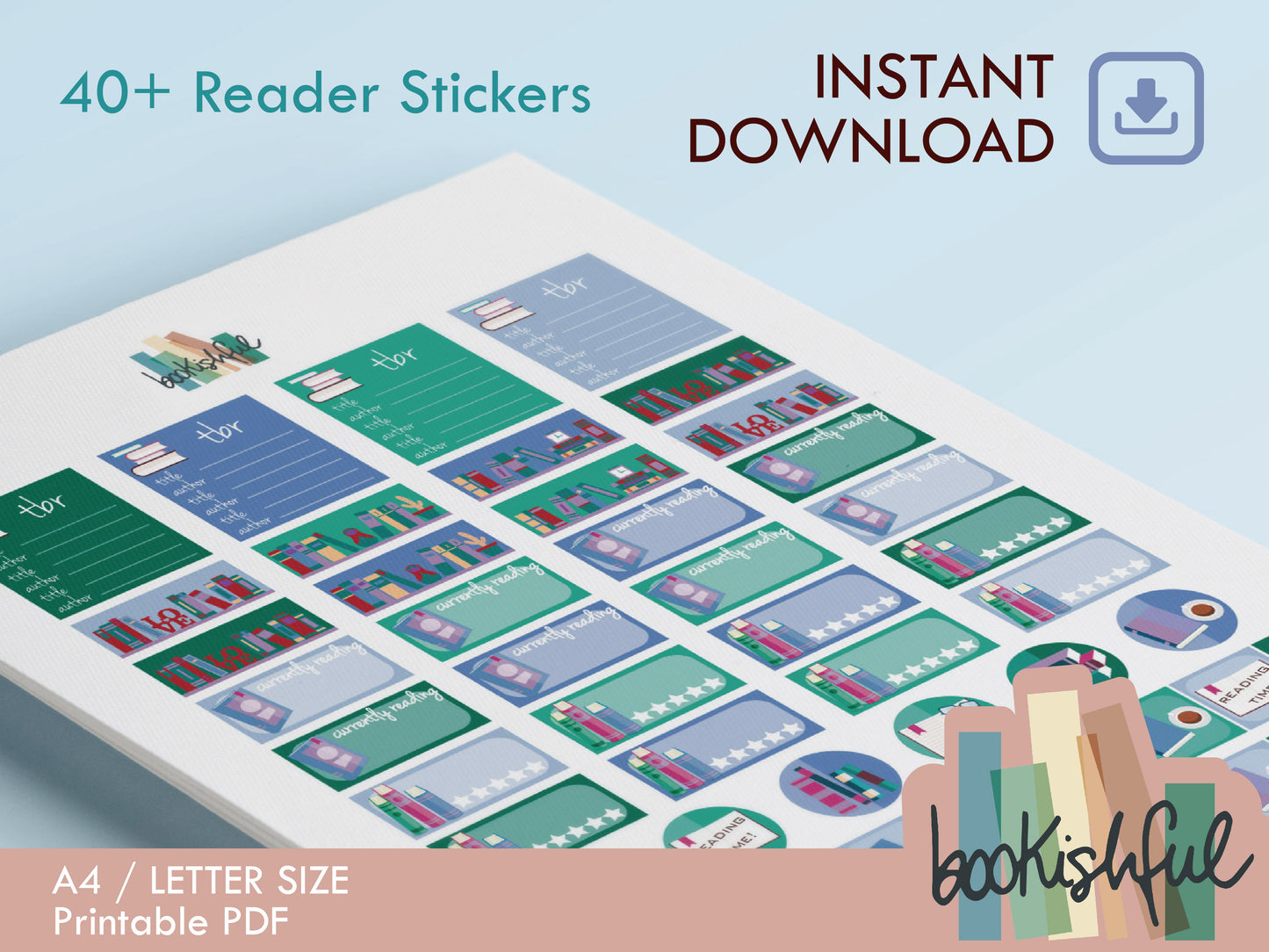 The Reader Sticker Sheet – Green and Blue – Printable Bookish Stickers for Journaling & Planners – TBR, Ratings and More! – Instant Download PDF