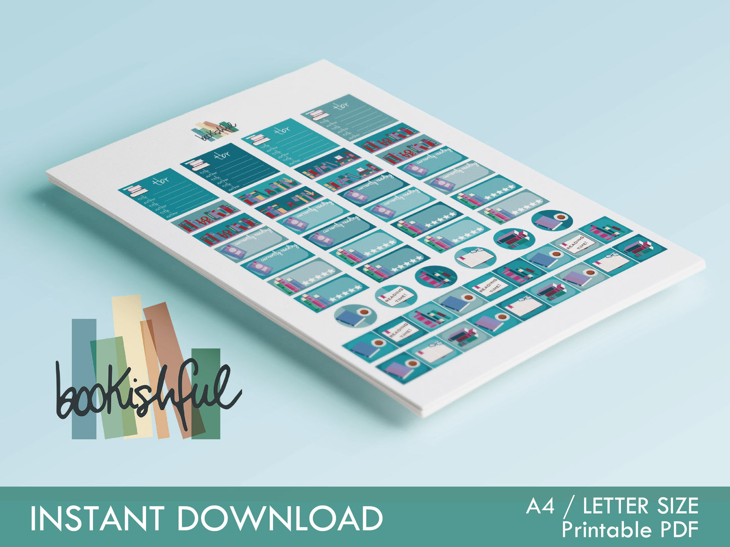 The Reader Sticker Sheet – Blue on Blue – Printable Bookish Stickers for Journaling & Planners – TBR, Ratings and More! Instant Download PDF