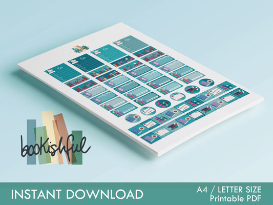 The Reader Sticker Sheet – Blue on Blue – Printable Bookish Stickers for Journaling & Planners – TBR, Ratings and More! Instant Download PDF