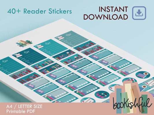 The Reader Sticker Sheet – Blue on Blue – Printable Bookish Stickers for Journaling & Planners – TBR, Ratings and More! Instant Download PDF