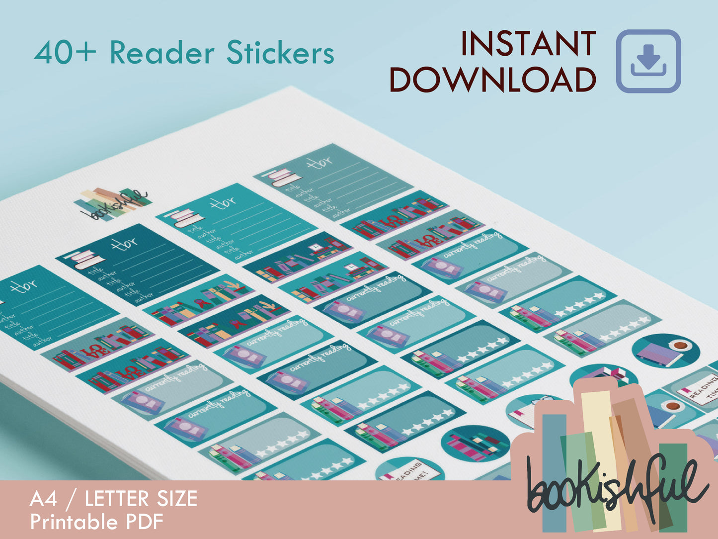 Reader Sticker Sheet GREEN & BLUE Bundle – 9 Pages for Journals & Planners - TBR, Reading Log, Star Ratings, Notes – Instant Download PDF