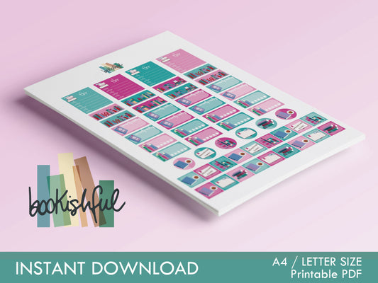 The Reader Sticker Sheet – Green and Pink – Printable Bookish Stickers for Journaling & Planners – TBR, Ratings and More! – Instant Download PDF