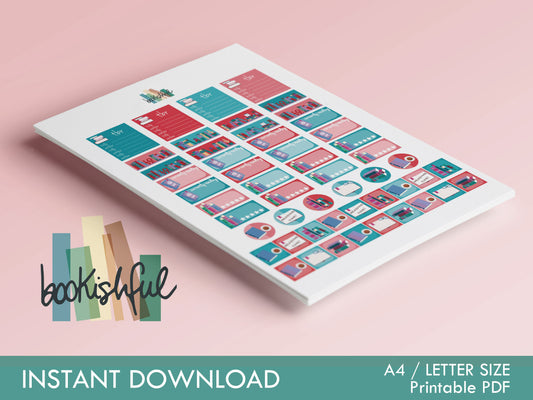 The Reader Sticker Sheet – Reddish and Blueish – Printable Bookish Stickers for Journals & Planners – TBR, Rating and More Instant Download PDF
