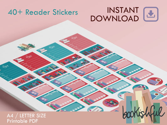 The Reader Sticker Sheet – Reddish and Blueish – Printable Bookish Stickers for Journals & Planners – TBR, Rating and More Instant Download PDF