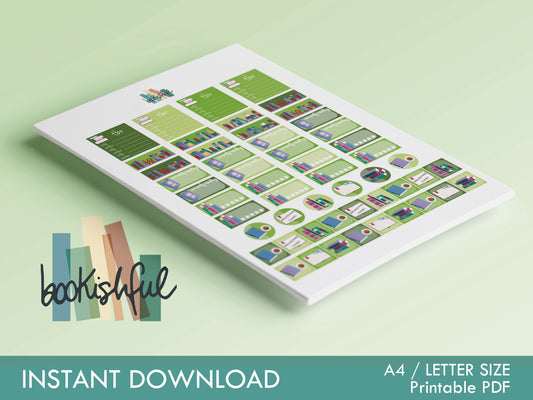 The Reader Sticker Sheet – Spring Greens – Printable Bookish Stickers for Journals & Planners – TBR, Ratings and More! Instant Download PDF